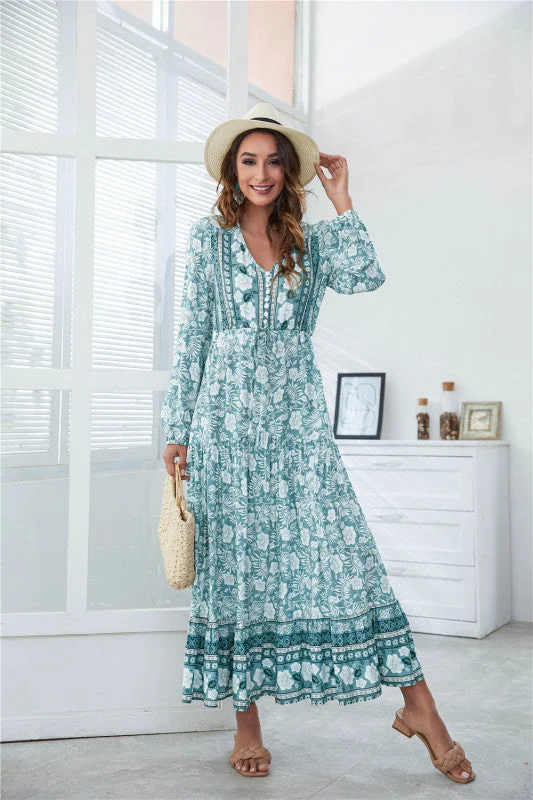 BerryBetty - Women's V-Neck Front Button Lantern Sleeve Floral Print Drawstring High Waist Maxi Dress Comfortable Pleated Maxi Dress