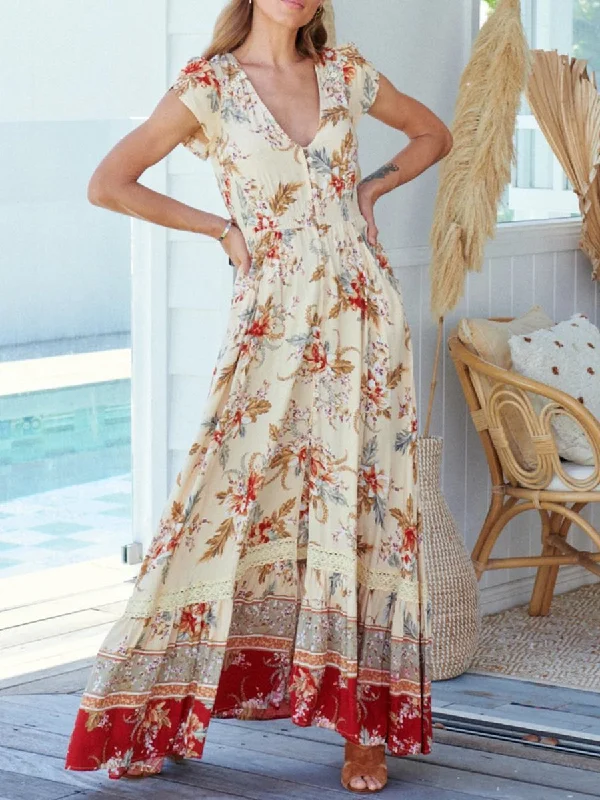 V Neck Short Sleeves Printed Maxi Dress Fashionable Off-Shoulder Maxi Dress