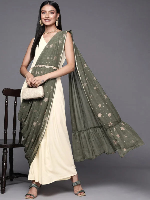 Women's Off White & Olive Green Ethnic Maxi Dress With Attached Dupatta - Ahalyaa Cozy Spaghetti Strap Maxi Dress