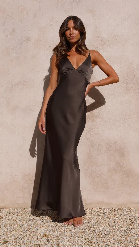 Ziah Maxi Dress - Espresso Trendy Satin Maxi Dress