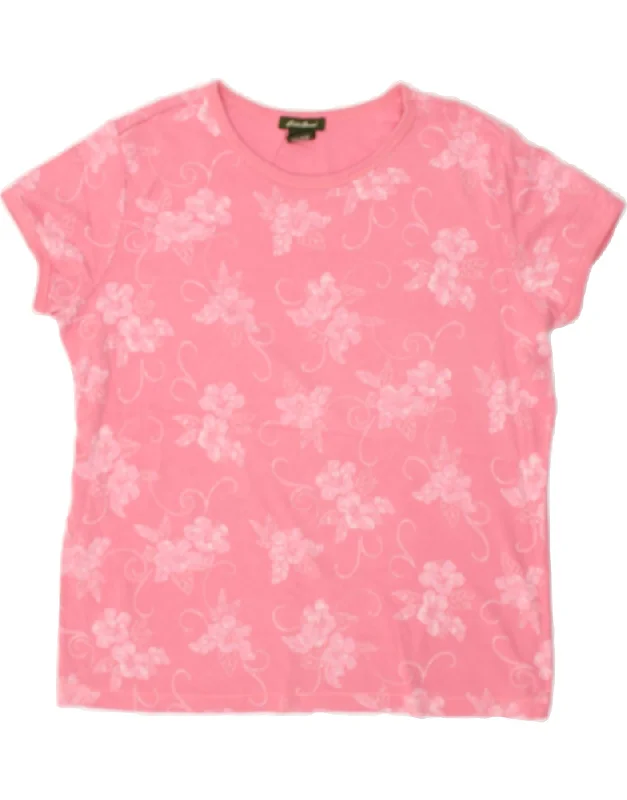 EDDIE BAUER Womens T-Shirt Top UK 16 Large Pink Floral Cotton Handmade Hand-knitted Hand-woven