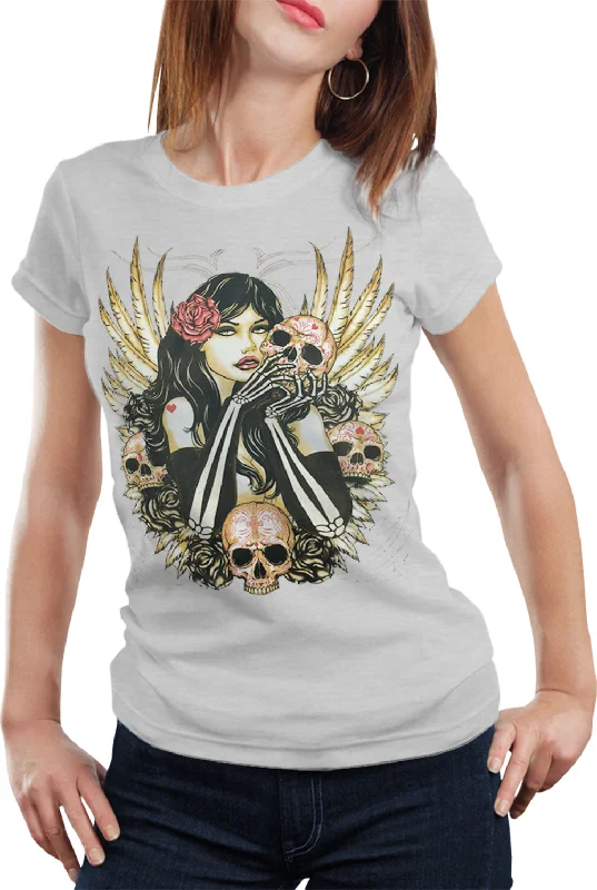 Girl with Skulls and Feather Wings Girl's T-Shirt Elegant Classic Vintage