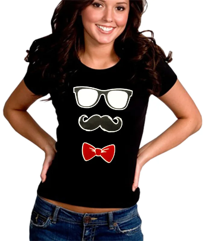 Glasses, Mustache, and Bow Tie Girl's T-Shirt Collared Crew Neck Turtle Neck