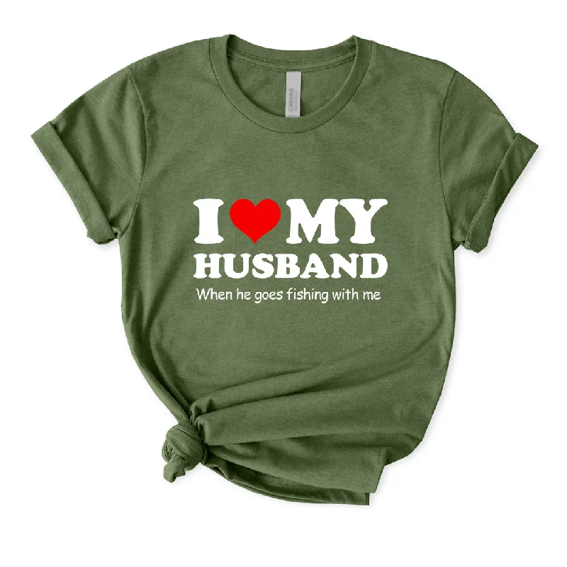 I Love My Husband Funny Fishing T-Shirt for Women Sequined Glittery Shiny