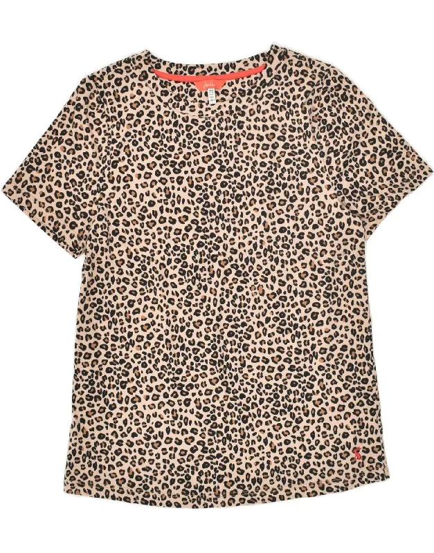 JOULES Womens T-Shirt Top UK 10 Small Brown Animal Print Cotton Zippered Buttoned Snapped