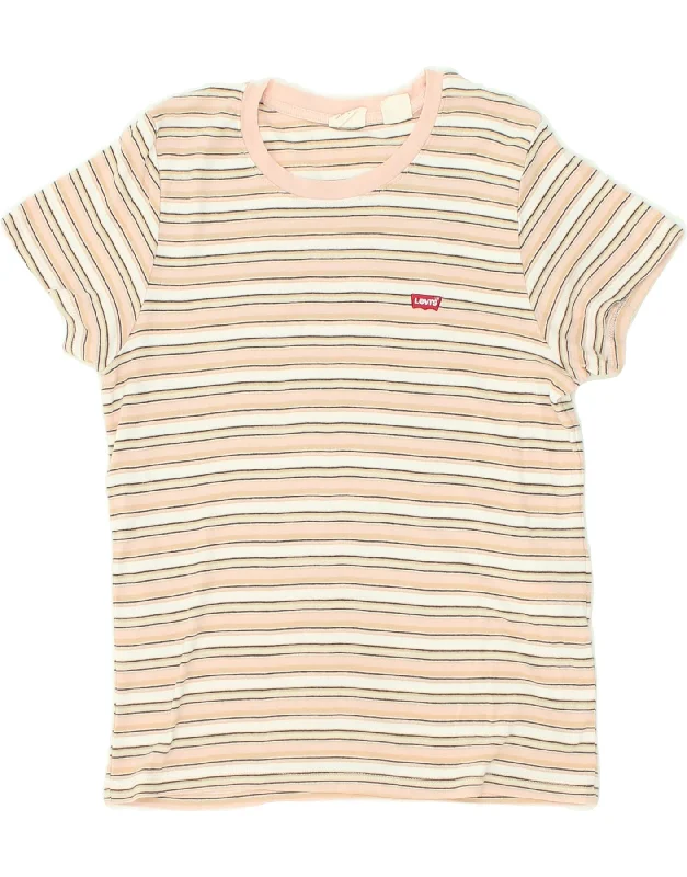 LEVI'S Womens T-Shirt Top UK 14 Large Pink Striped Cotton Striped Floral Plaid