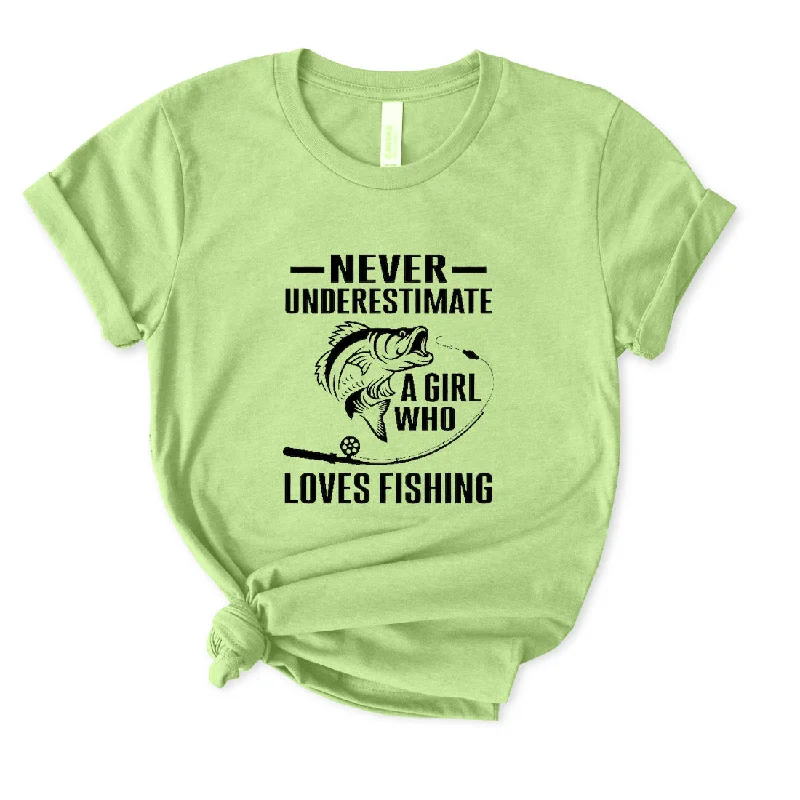 Never Underestimate A Girl Who Loves Fishing T-Shirt for Women Asymmetrical Pockets Print