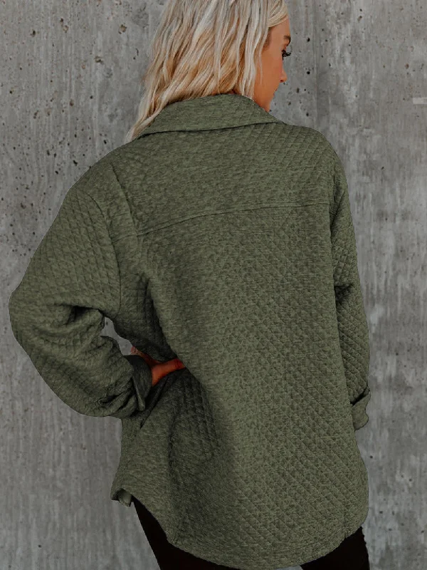 Army Green Quilted Jacket Front Pockets Side Pockets Patch Pockets