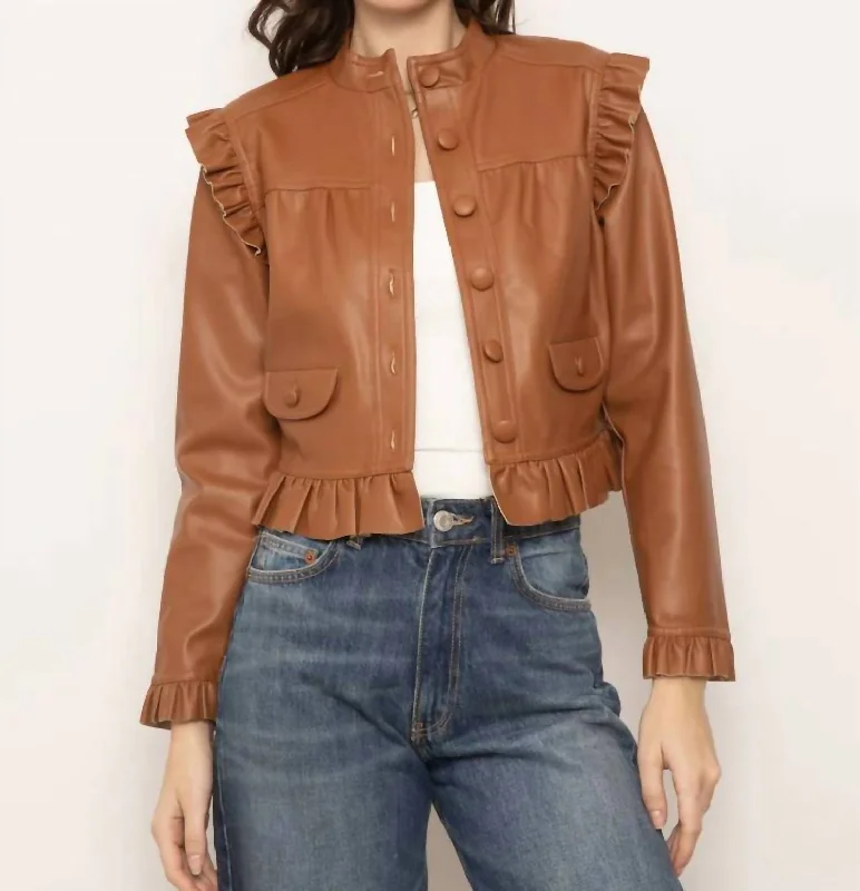 Celine Girly Moto Jacket In Saddle Brown Snapped Jacket Toggled Jacket Drawstring Jacket