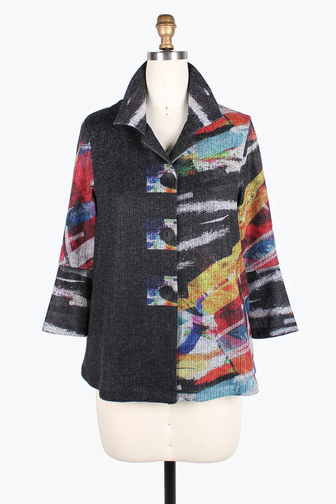 Damee Abstract Painting Button patch jacket 4830-GRY Cardigan Sweater Pullover