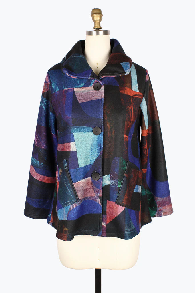 Damee Abstract Painting Puffy Collaar Jacket 4911-BLU Satin Jacket Silk Jacket Chiffon Jacket