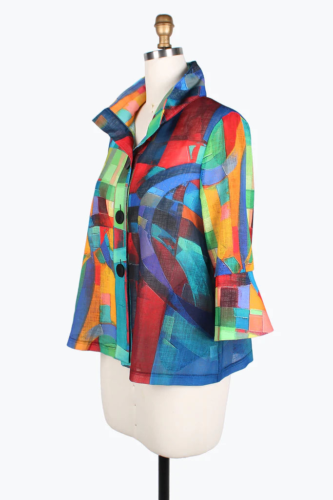 Damee abstract painting short jacket 4813-Mlt Belted Jacket Elasticated Jacket Padded Jacket