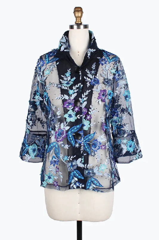 Damee Floral Embroidery Mesh Jacket 2380-BLU Fleece Jacket Down Jacket Feather Jacket