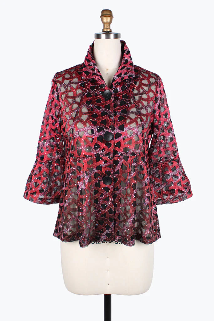 Damee Holographic Scale Mesh Short Jacket 400-Red Satin Jacket Silk Jacket Chiffon Jacket