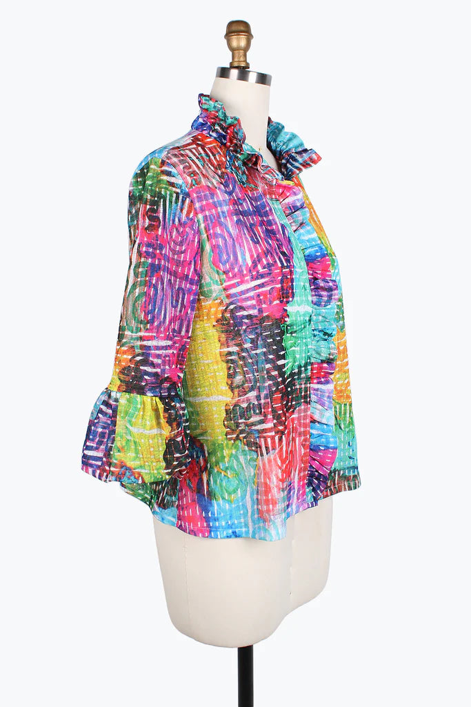 Damee Ruffle & Puffy Sleeve short jacket 4804-Multi Cotton Fabric Linen Fabric Terry Fabric