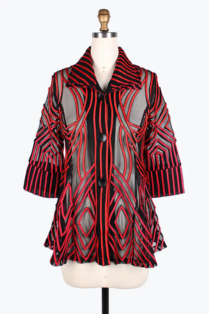 Damee Two-Tone Soutache Jacket 2363-Red Print Jacket Jacquard Jacket Embroidered Jacket