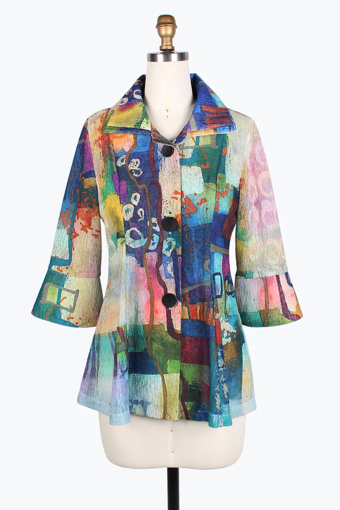 Damee Watercolor art double collar jacket 4810-Green Wool Fabric Cashmere Fabric Tweed Fabric