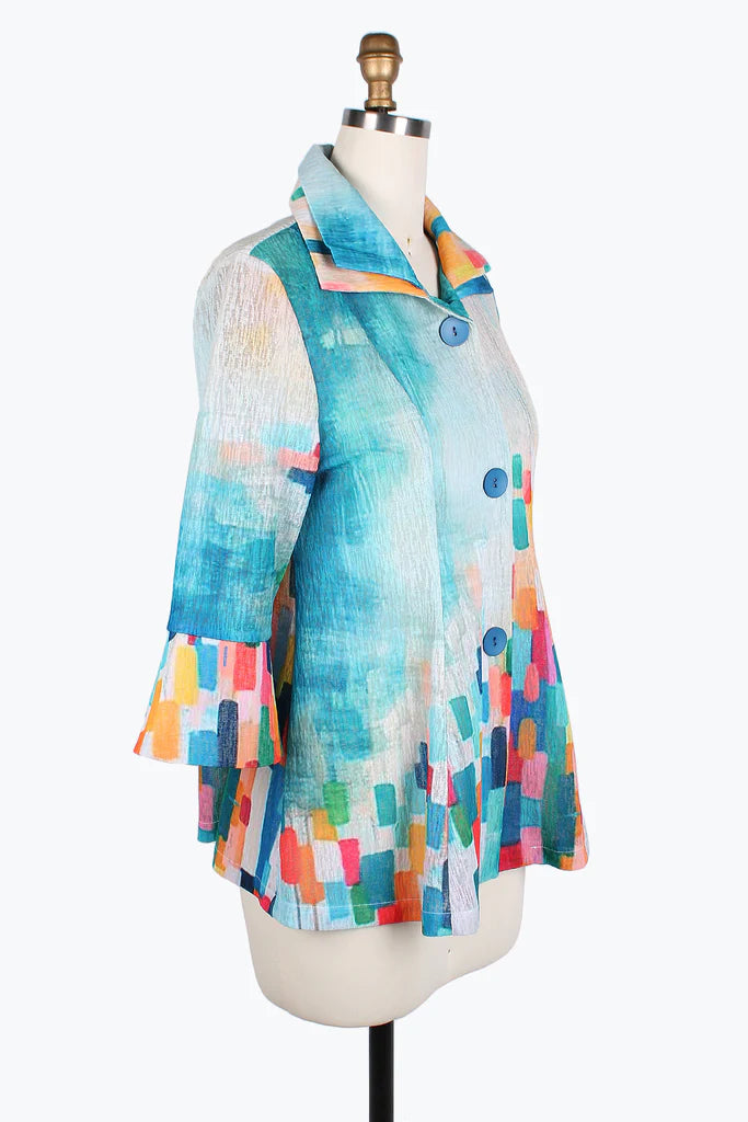 Damee Watercolor art double collar jacket 4811-Blu Oversized Jacket Tailored Jacket Straight Jacket