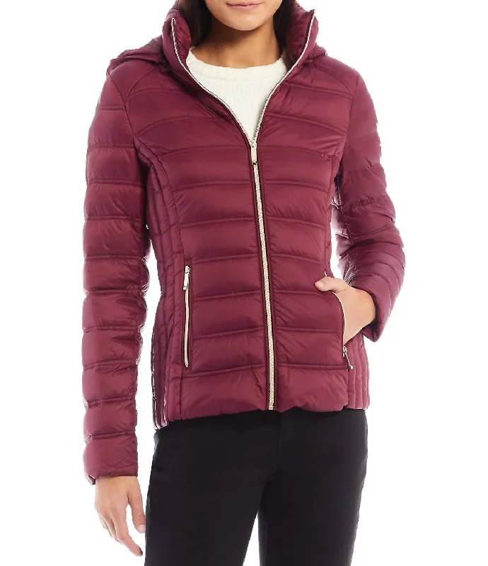 Down Packable Jacket Coat With Removable Hood In Dark Ruby Cotton Fabric Linen Fabric Terry Fabric