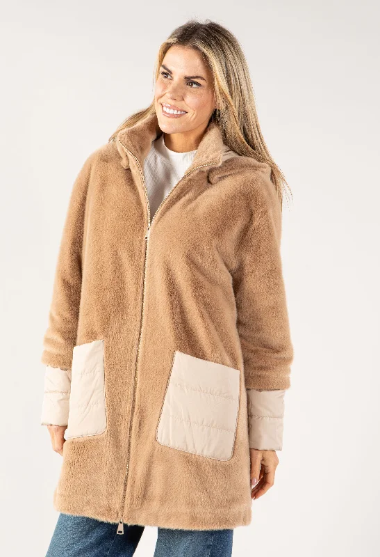 Faux Fur Hooded Jacket A-Line Jacket Boat Neck Shawl Collar