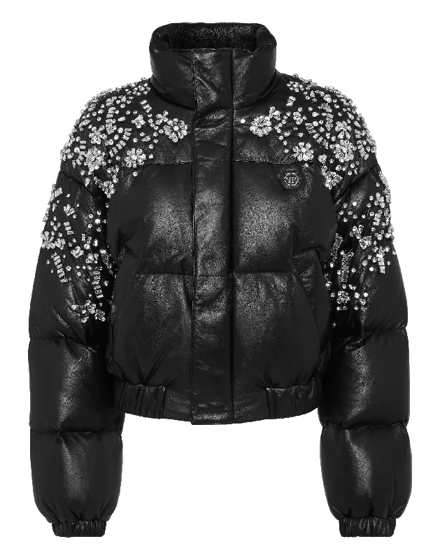 Leather Puffer Jacket Crystal Mesh Jacket Canvas Jacket Denim Jacket