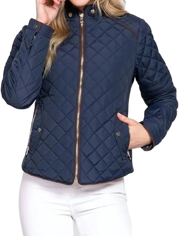 Lightweight Suede Trim Quilted Jacket In Navy Toggled Jacket Drawstring Jacket Belted Jacket