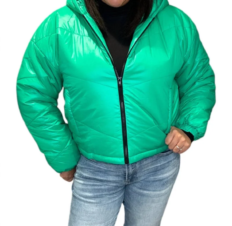 Marsily Puffer Cropped Jacket In Electric Green Fleece Fabric Down Fabric Feather Fabric