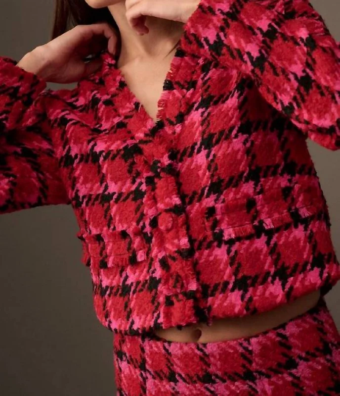 Material Girl Houndstooth Tweed Jacket In Ruby Red Print Jacket Jacquard Jacket Patchwork Jacket