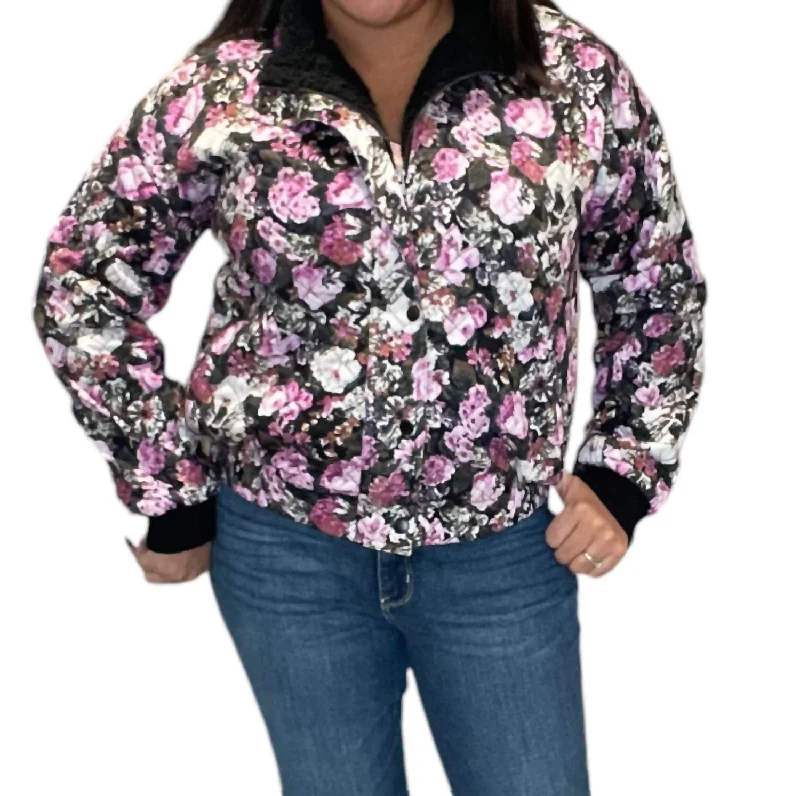 Quilted Floral Snap Front Bomber Jacket In Multi Color Denim Jacket Leather Jacket Suede Jacket