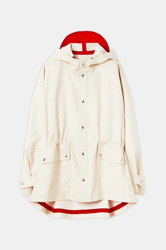 Water-Repellent Hooded Jacket in Cream Zippered Front Buttoned Front Snap Front