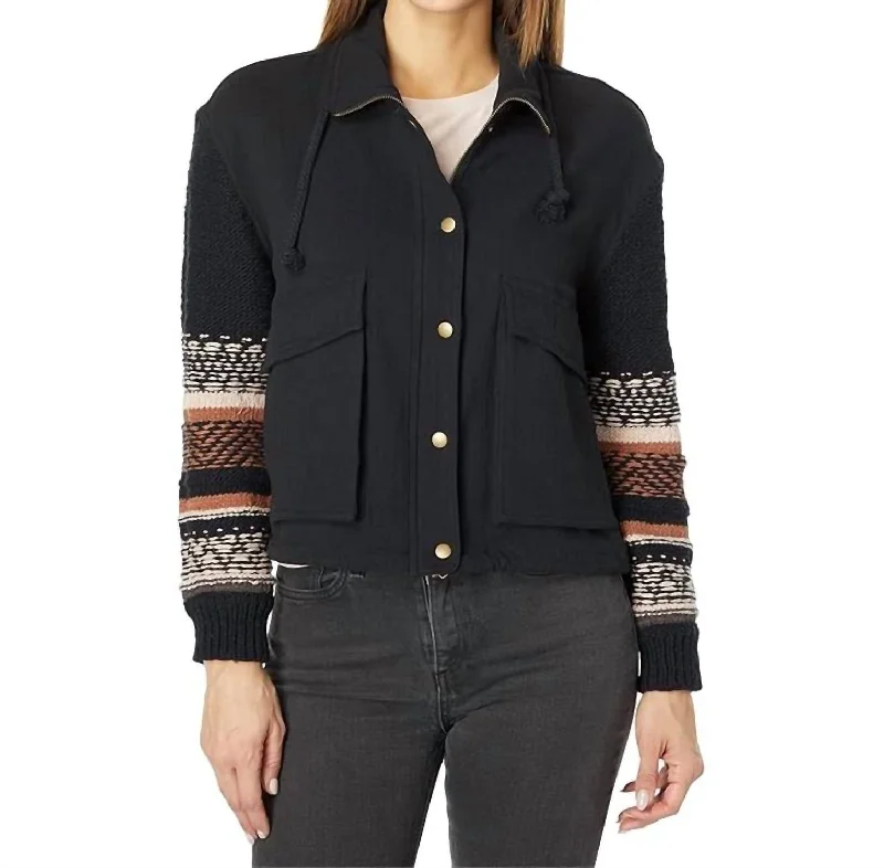 Sweater Sleeve Snap Front Jacket In Black Print Jacket Jacquard Jacket Patchwork Jacket