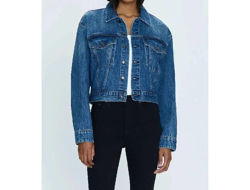 Tatum Cropped Denim Jacket In Blue Stand-Up Collar Roll-Neck Collar Turtle Neck