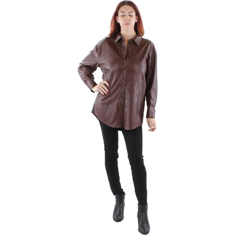 Womens Faux Leather Long Sleeves Shirt Jacket Knit Fabric Woven Fabric Fleece Fabric