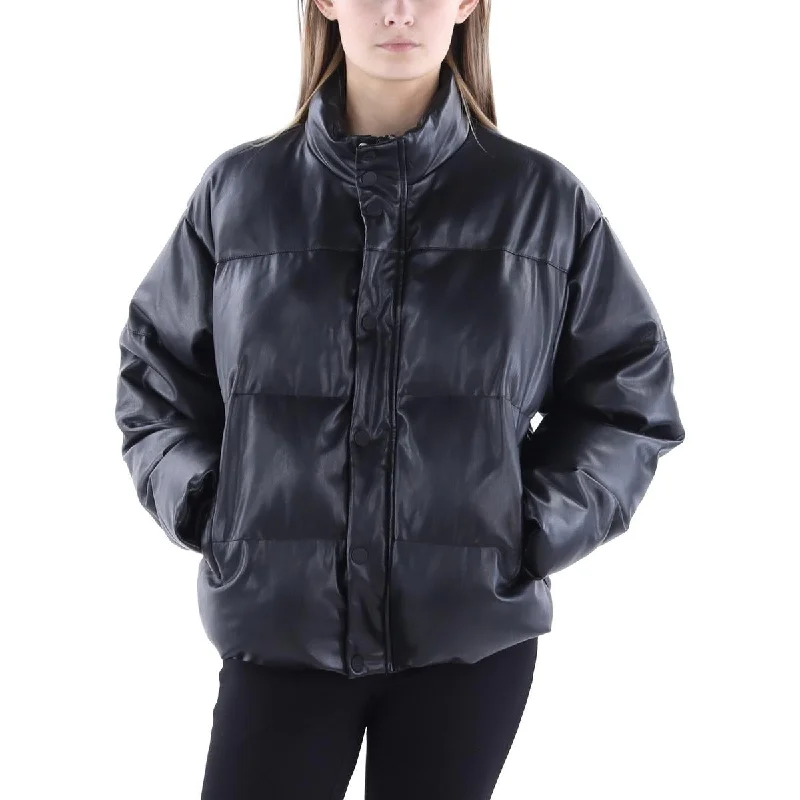 Womens Faux Leather Mock Neck Puffer Jacket Front Pockets Side Pockets Patch Pockets