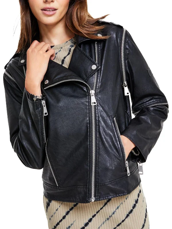 Womens Faux Leather Short Motorcycle Jacket A-Line Jacket Boat Neck Shawl Collar