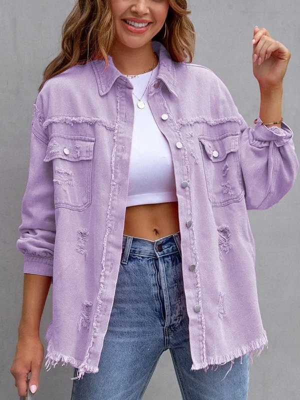 Women's Oversized Distressed Denim Jacket Satin Jacket Silk Jacket Chiffon Jacket