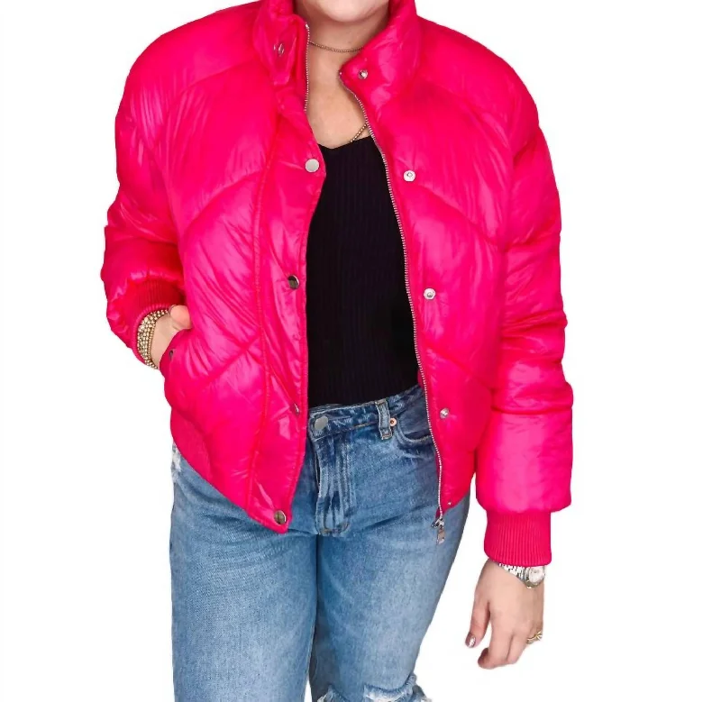 Zoey Puffer Jacket In Fuchsia Ribbed Jacket Pleated Jacket Ruffled Jacket