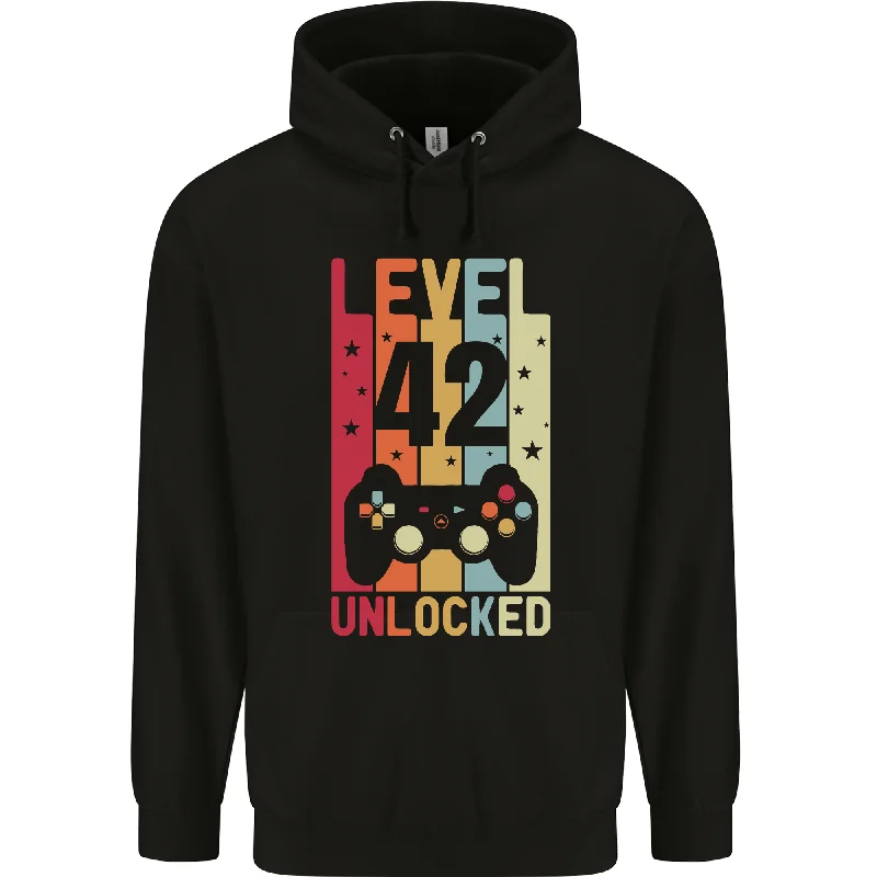 42nd Birthday 42 Year Old Level Up Gaming Mens 80% Cotton Hoodie Hoodie with Drop Shoulder Relaxed Streetwear