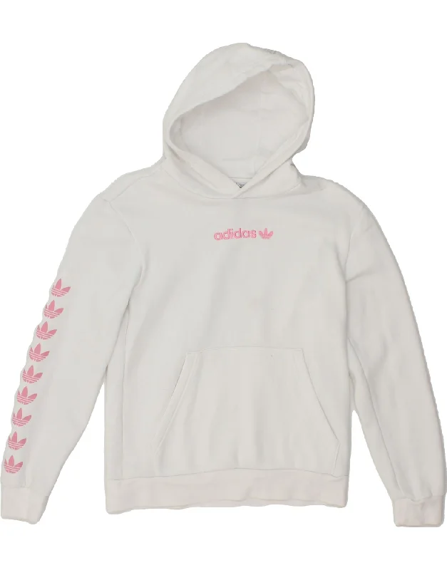 ADIDAS Girls Graphic Hoodie Jumper 11-12 Years White Cotton Hoodie with Hem Patch Decorative Personalized