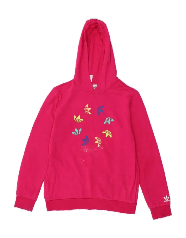 ADIDAS Girls Graphic Hoodie Jumper 13-14 Years Pink Cotton Hoodie with Hem Drawcord Adjustable Customizable