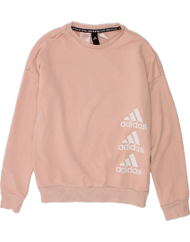 ADIDAS Girls Graphic Sweatshirt Jumper 11-12 Years Pink Cotton Hoodie with Raw Hem Edgy Unfinished