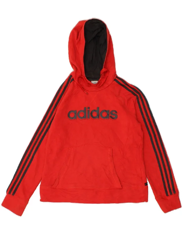 ADIDAS Womens Graphic Hoodie Jumper UK 16 Large Red Cotton Hoodie with Snap Buttons Easy Quick