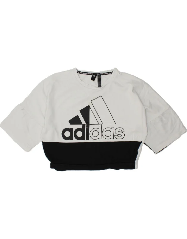 ADIDAS Womens Graphic Short Sleeve Sweatshirt Jumper UK 12/14 Medium White Hoodie with Strings Custom Fit Adjustable