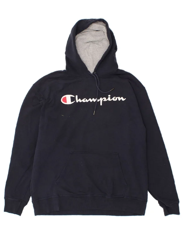 CHAMPION Mens Graphic Hoodie Jumper XL Navy Blue Cotton Hoodie with Batwing Sleeves Loose Dramatic