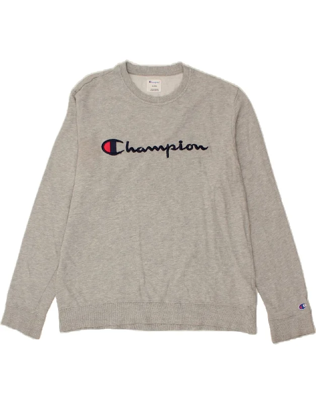 CHAMPION Mens Graphic Sweatshirt Jumper XL Grey Cotton Hoodie with Rhinestones Sparkly Elegant