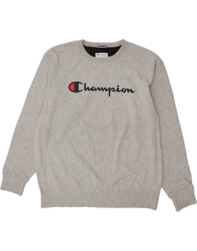 CHAMPION Mens Graphic Sweatshirt Jumper XL Grey Cotton Hoodie with Crew Neck Simple Timeless