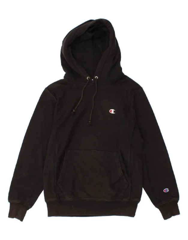 CHAMPION Mens Hoodie Jumper Small Black Cotton Hoodie with Rolled Sleeves Casual Relaxed