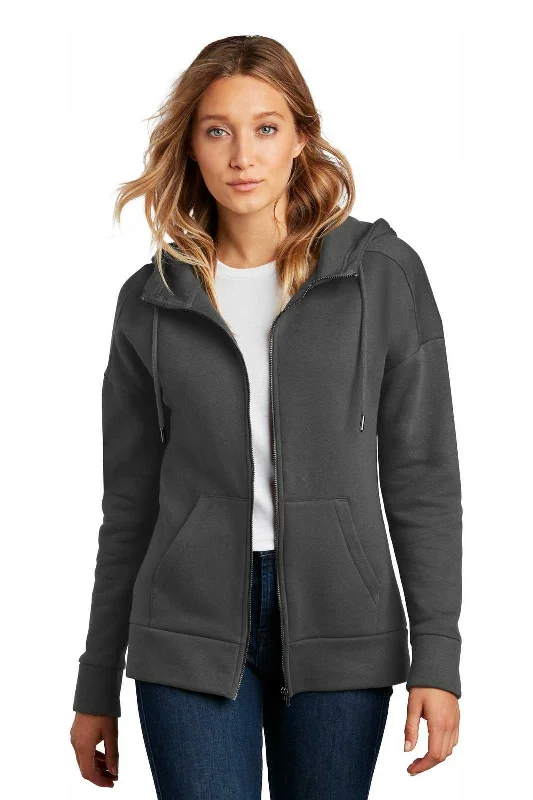 District DT1104 Womens Perfect Weight Fleece Drop Shoulder Full-Zip Hoodie - Charcoal Hoodie with Elastic Cuffs Stretchable Comfortable