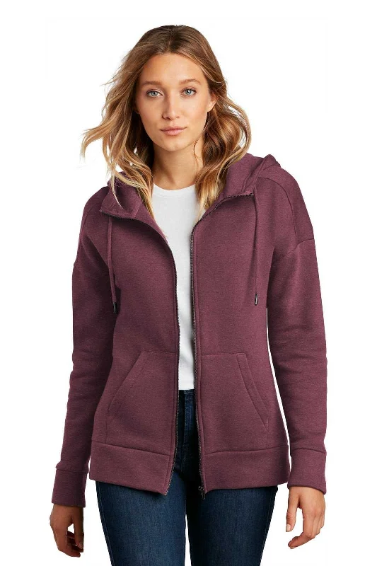 District DT1104 Womens Perfect Weight Fleece Drop Shoulder Full-Zip Hoodie - Heathered Loganberry Hoodie with Turtle Neck Cozy Winter