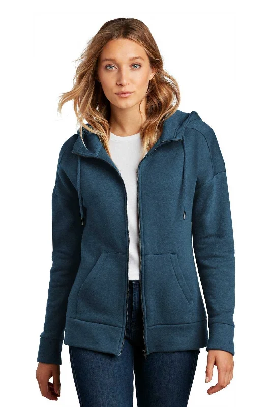 District DT1104 Womens Perfect Weight Fleece Drop Shoulder Full-Zip Hoodie - Heathered Poseidon Blue Hoodie with Drawstring Waist Adjustable Fitted